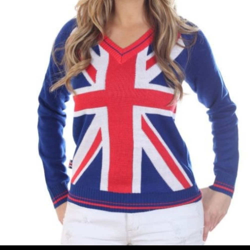 Nwt Tipsy Elves Ladies UK Flag union jack V Neck Sweater